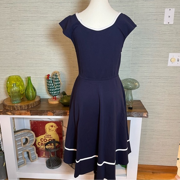 Voodoo Vixen Nautical Dress Bow Fit & Flare Sailor 50’s Navy Midi Womans Size 6 - Picture 8 of 11